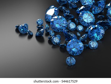Blue diamonds placed on black background, 3D illustration.