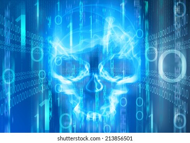 blue digital abstract background with skull 