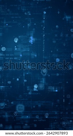Blue digital artificial intelligence (AI) icon and data matrix simulation with futuristic HUD screen technology on blue abstract background vertical video concept