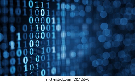 blue digital binary data on computer screen. Close-up shallow DOF