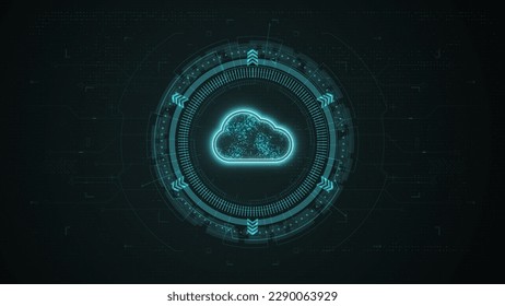 Blue digital cloud computing logo and data stroage system with rotation HUD circle technology interface and futuristic elements abstract background