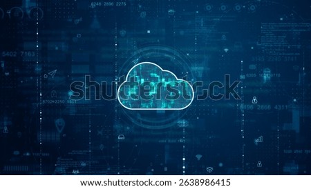 Blue digital cloud computing logo and futuristic circle HUD with big data processed on grid line background and technology ai icon screen abstract background cloud storage concepts