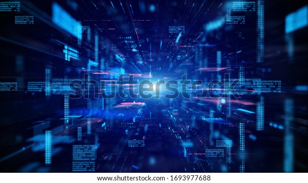 Blue Digital cyberspace and\
digital data network connections concept. Transfer digital data\
hi-speed internet, Future technology digital abstract background\
concept.