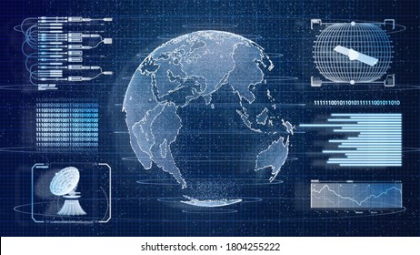 Blue Digital HUD Earth World Information Scanning Hologram User Interface Background. Military And Space Technology Concept. Futuristic Environment And Economic. 3D Illustration Rendering