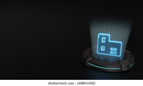 Blue Digital Laser 3d Hologram Symbol Of Building Render On Old Metal Sci-fi Pad Background