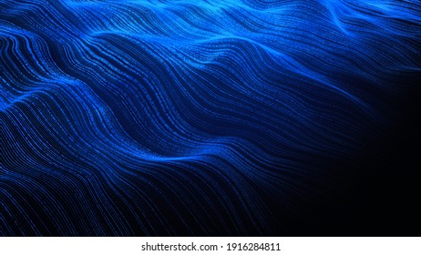 Blue Digital Particle Wave Flow Abstract Background. 3d Rendering