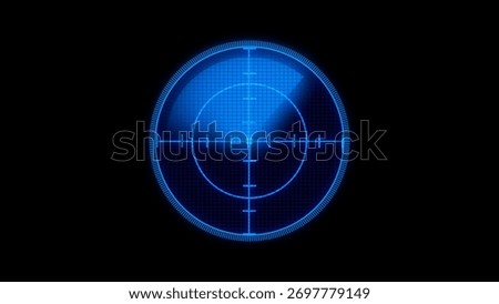 Blue digital radar display with grid and targeting reticle.