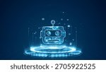 Blue digital robot head logo and circle futuristic HUD with Ai chatbot and machine learning technology with artificial intelligence and robot icon concepts on abstract background