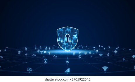 Blue digital security shield logo with futuristic technology icon and line connection with circle rotation on abstract background network firewall and authentication system concepts