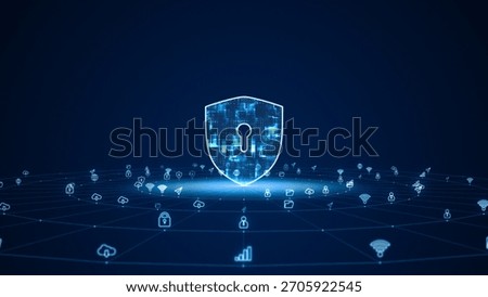 Blue digital security shield logo with futuristic technology icon and line connection with circle rotation on abstract background network firewall and authentication system concepts