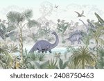 Blue Dino World, Watercolor landscape, Green palm trees, Dinosaurus, Jurrasik World, Wildlife, wallpaper mural, kids wall art, jungle animal