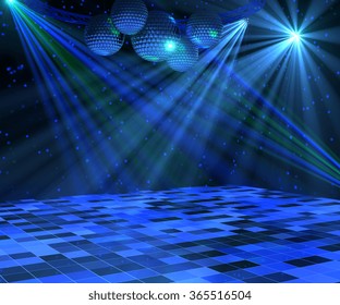 Blue disco dance floor with mirror balls, lattice framework and spot lights. 3d render.