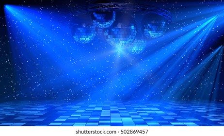 Blue disco dance floor with mirror balls, lattice circle and spot lights. 3d render.