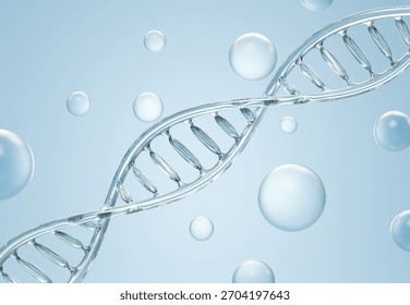 Blue dna structure and clear bubble on blue abstract background 3D render	

