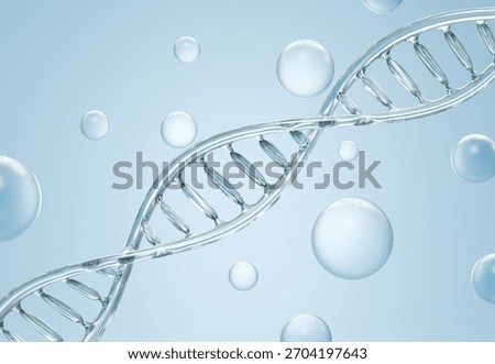 Blue dna structure and clear bubble on blue abstract background 3D render	
