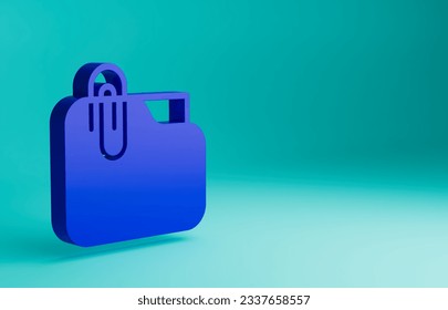 Blue Document folder with paper clip icon isolated on blue background. Accounting binder symbol. Bookkeeping management. Minimalism concept. 3D render illustration.