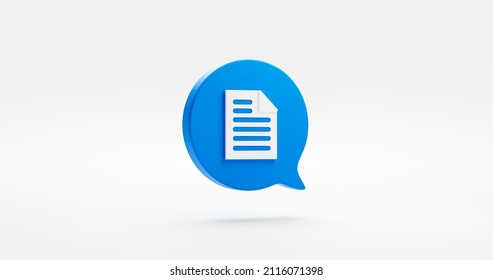 Blue document icon message bubble of 3d graphic element or business paper file symbol contract copy form and blank web page sign reminder note sheet isolated on white background with archive mail.