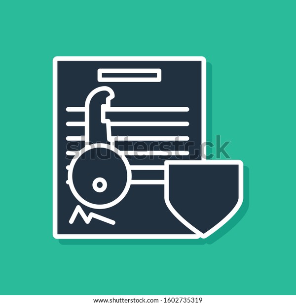 Blue Document with key with shield icon isolated on\
green background. Key insurance. Security, safety, protection,\
protect concept.  