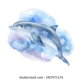 Blue dolphin with abstract blue background isolated on white background. Watercolor. Illustration. Template. Close-up. Clipart. Greeting card design. Sea life, marine animals. Ocean day.