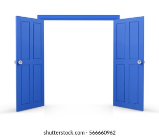 Blue Double Door Open On White Background 3d  Rendering 