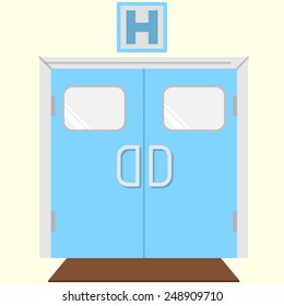 Blue Double Entrance Door With Sign Letter H Above For Hospital. Flat Icon On White Background.