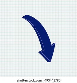 Blue down arrow on notebook sheet background. Illustration. Raster version