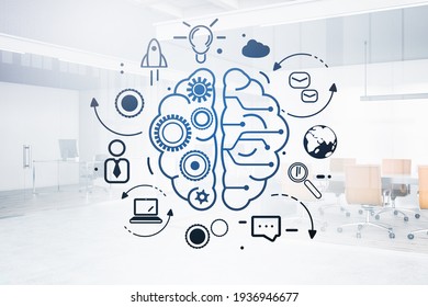 Blue Drawing Of Human Brain, Illustration Sketch On Background Of Office Room. Lightbulb, Messages And Earth Globe Symbol. Concept Of Start Up And New Ideas, 3D Rendering No People