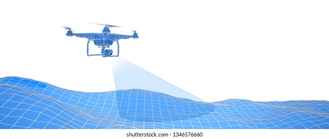 Blue drone over terrain mesh. Geo-scanning. Wire-frame style. Isolated in white background. 3D illustration.