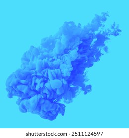 Blue drop swirling under water. Cloud of ink in water. Royalty high-quality free stock image of colorful ink isolated on blue background, color explosion