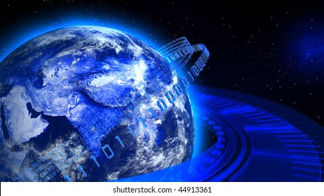 Blue Earth with Digital Streams Background - Earth 42 - Blue Earth surrounded with digital rings with numbers zero and one.