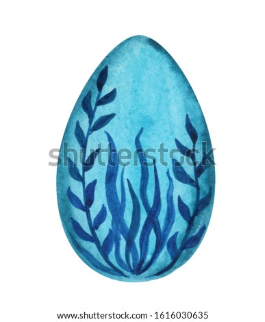 blue easter egg with floral pattern. watercolor illustration. object nga white background