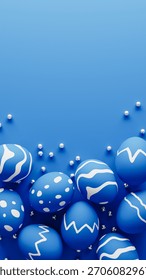 Blue Easter eggs silver beads vertical background Copy space. 3d rendering