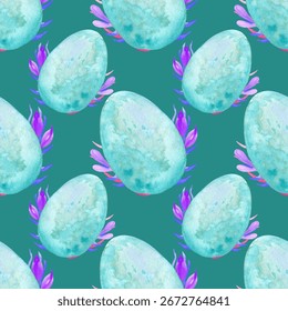 Blue eggs in flowers. Seamless pattern hand drawn watercolor. Traditional Easter children's hunt. Chicken egg. Holiday entertainment. Illustration background for fabric and packaging.