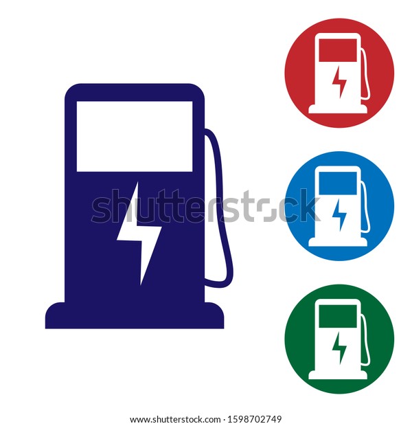Blue Electric car charging station icon isolated on\
white background. Eco electric fuel pump sign. Set color icon in\
circle buttons. 