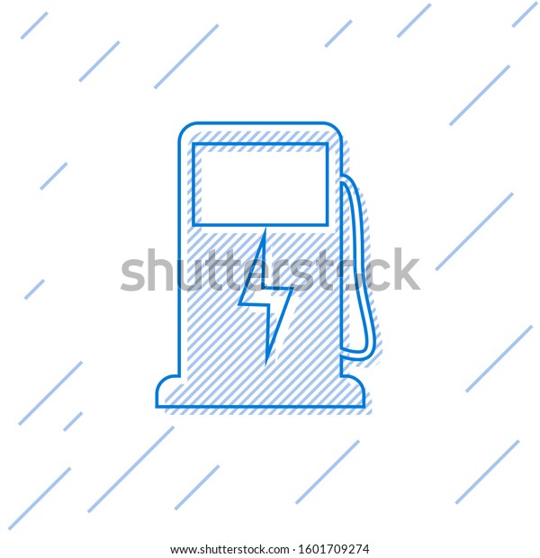 Blue Electric
car charging station line icon isolated on white background. Eco
electric fuel pump sign.

