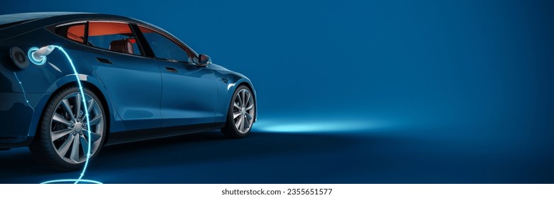 Blue electric car connected to charger on blue background with copy space. 3D Rendering, 3D Illustration