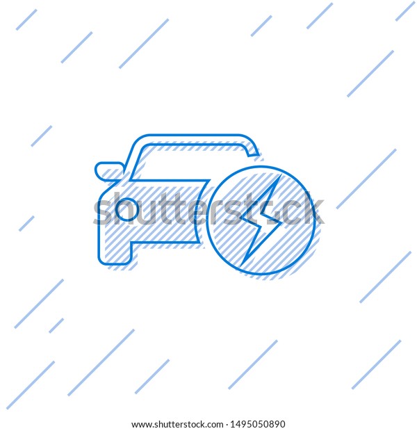Blue\
Electric car and electrical cable plug charging line icon isolated\
on white background. Renewable eco\
technologies