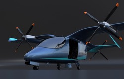 Blue Electric VTOL Passenger Aircraft On Black Background. Urban Passenger Mobility Concept. 3D Rendering Image.