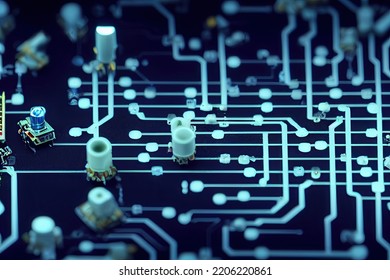 A Blue Electronic Circuit Board With Chips And LED Lights In The Background. Close-up Picture Of An Electronic Circuit Board. 3D Illustration.