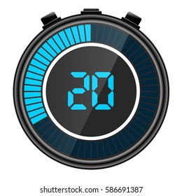 Blue electronic digital stopwatch illustration. Showing 20 seconds remaining
