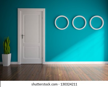 blue empty interior with a white door