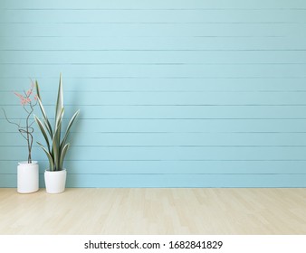 Blue empty minimalist room interior with vases on a wooden floor, decor on a large wall, white landscape in window. Background interior. Home nordic interior. 3D illustration