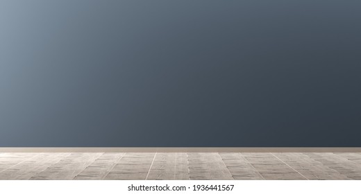 Blue empty, modern, abstract studio room with wooden floor, product display presentation template mock-up, 3D illustration