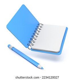 Blue empty notepad with blue pencil 3D rendering illustration isolated on white background