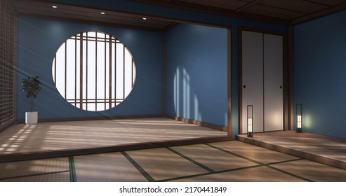 blue Empty room, Tatami mat floor interior design.3D rendering