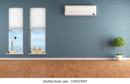 Blue empty room with two windows and air conditioner - rendering