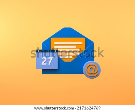 Blue envelope with a message, calendar date on yellow background. Concept of schedule and e-mail. 3D rendering
