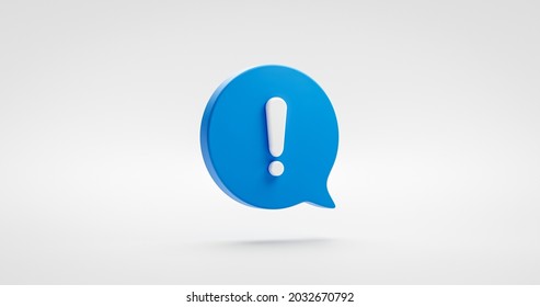 Blue exclamation icon sign or attention caution mark illustration graphic element symbol isolated on white background with warning problem error message button design concept. 3D rendering.