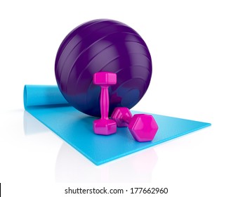 Blue Exercise Mat With Pink Weights And Fitness Ball Isolated On White Background. 3d Illustration