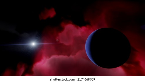 Blue Exoplanet And Star Against Red Nebula, 3d Render